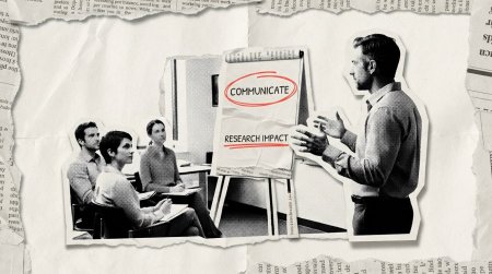 Colaj editorial: un formator la flipchart cu 'COMMUNICATE / RESEARCH IMPACT' în fața unor cercetători — training de comunicare